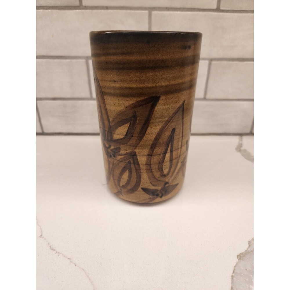 Art Pottery Vase Crock Utensil Holder Brown Glaze Leaves Signed By Artist 7 Inch